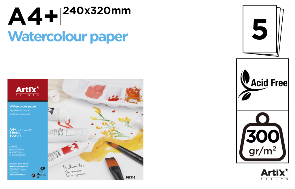 PAPEL DE ACUARELA 5HOJAS A4 24CM*32CM
