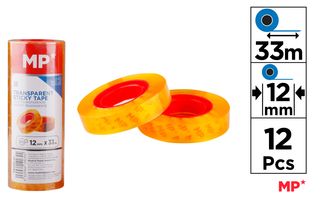 CINTA ADHESIVA TRANSPARENTE 12MMX33M 12UDS