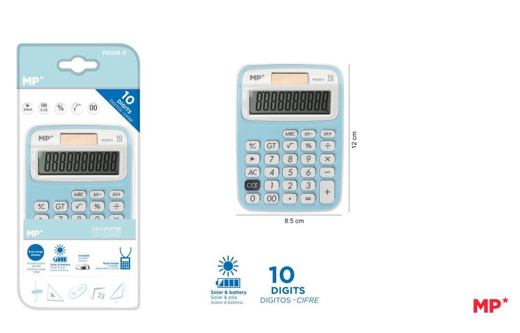 CALCULADORA SOLAR Y PILAS AZUL CLARO