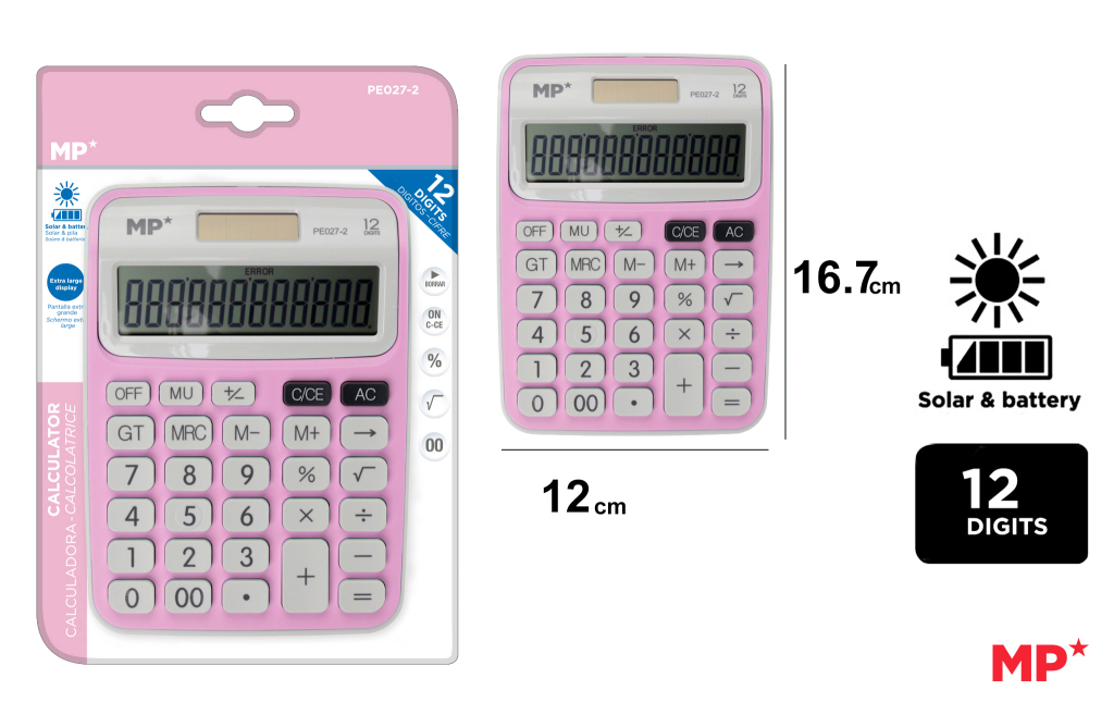 CALCULADORA SOLAR Y PILAS ROSA