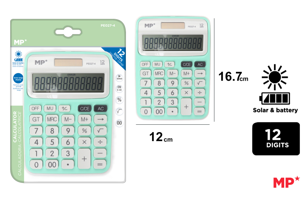 CALCULADORA SOLAR Y PILAS VERDE CLARO