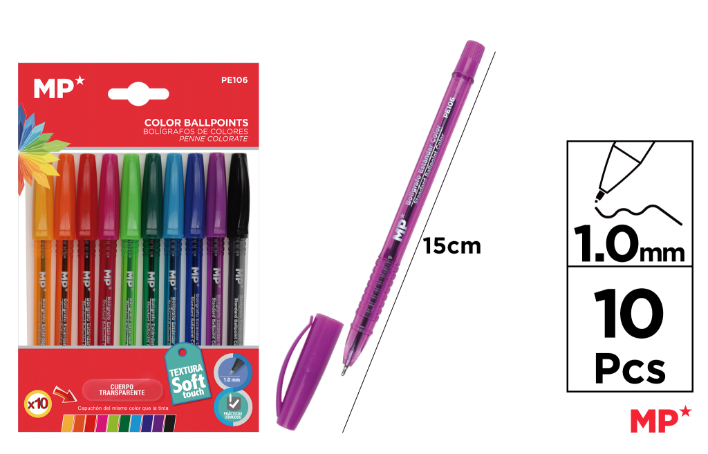 BOLIGRAFOS 1.0MM 10 COLORES ESCRITURA SUAVE