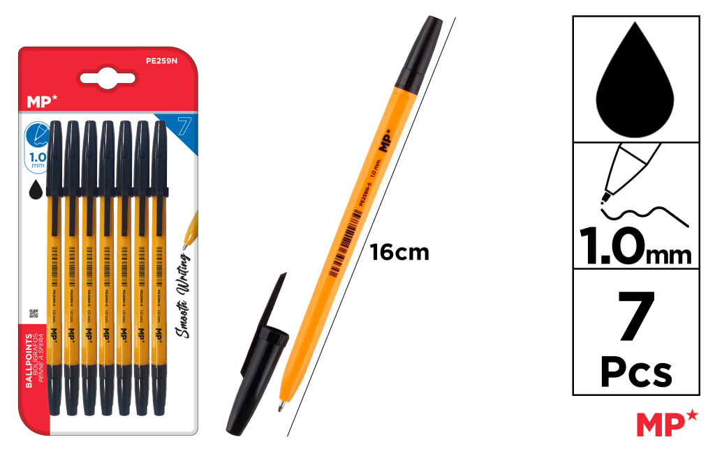 BOLIGRAFOS NEGRO SOFT PUNTA 1.0MM 7UDS
