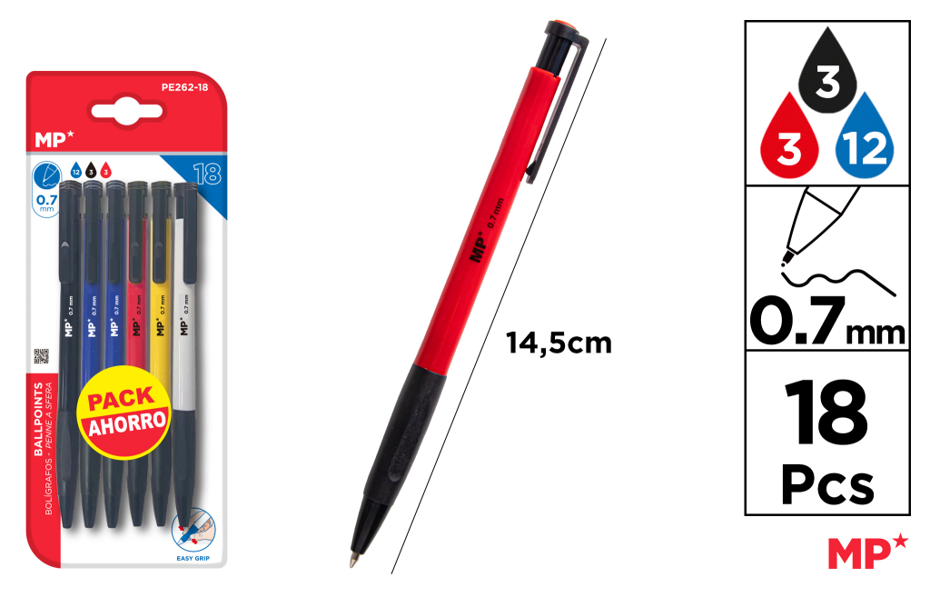 BOLIGRAFOS EASY GRIP 0,7MM 18UDS